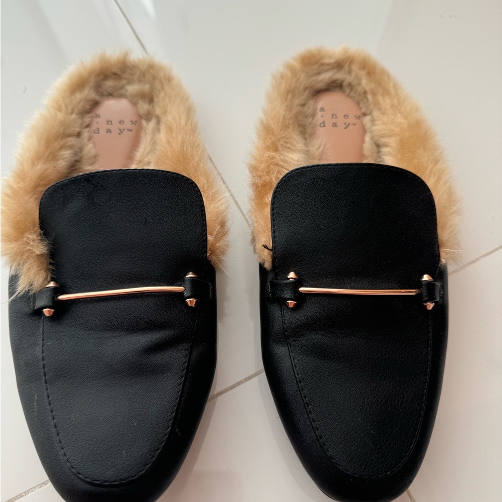 A New Day Black and Tan Slip-On Loafers with Metal Accent